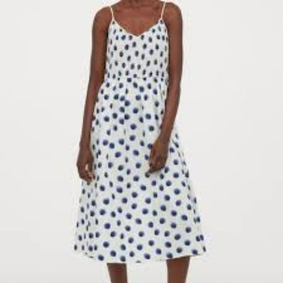 H&M White with Blue Dots Summer Dress Smocked Top 100% Cotton Full Skirt Size L - Picture 1 of 6